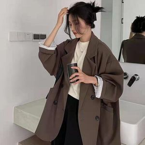 Womens Suits Blazers HOUZHOU Vintage Brown Blazer Women Elegant Official Ladies Autumn Fashion Long Sleeve Oversized Chic Casual Jacket Allmatch 230327