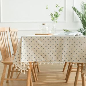 Tischdecke Beige mit blauem Gänseblümchen-Essbezug, Quaste aus Baumwolle und Leinen