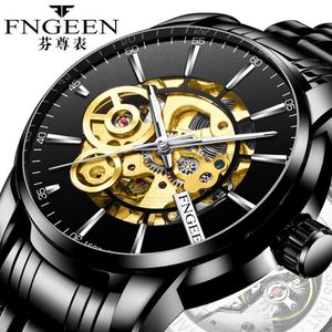 Wristwatches Black Wristwatch Big Dial Fully Self Wind Automatic Mechanical Watches Male Clock Hollow Luminous Hodinky Steel Waterproof Watc