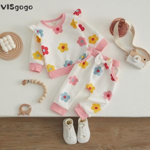 Pajamas Visgogo 2ピースの女の赤ちゃんフォールフィットフラワープリントフリル長袖Tシャツカジュアルパンツセット024か月230327