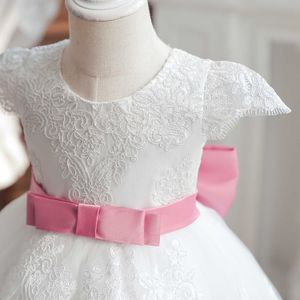 Mädchenkleider Weißes Taufkleid für Babys, Kleinkinder, 1. Geburtstag, rosa Schleife, Tutu-Kleid, Blumenmädchenkleid für Hochzeitszeremonie, Sommerparty, Kostüm