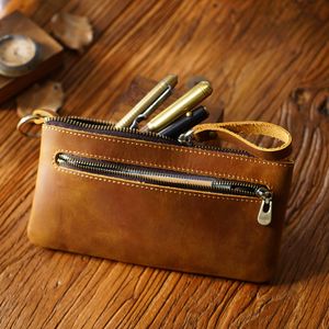 Pencil Bags Genuine Leather Zipper Pen Bag Large Capacity Pencil Pouch With Zip Pocket Crazy Horse Leather Retro Pen Case Vintage Stationery 230327