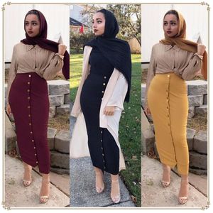 Skirts Winter Autumn High Waist Women Skirts Muslim Button Bodycon Sheath Long Maxi Half Dress Femme Sexy Pencil Skirt Solid Streetwear 230327