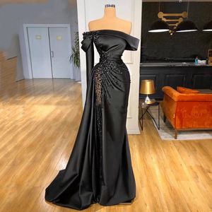Elegant Satin Black Prom Birthday Dress 2023 One Shoulder Peat Beading Women Pageant Evening Gown Arabic Dubai Robe de Soiree
