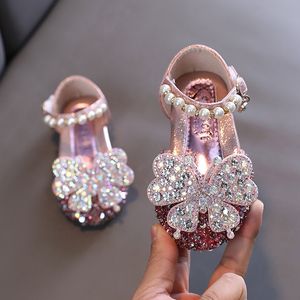 Slipper Kids Sequined Bowknot Princess Shoes Kids Silver Pink Leather Wedding Girls Dance Performance G528 230325