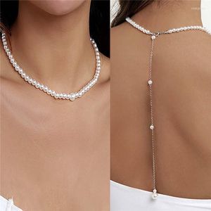 Chains Vintage Elegant Simulated Pearls Clavicle Choker Necklace For Women Long Chain Tassel Pendant Wedding Jewelry Bikini Chest