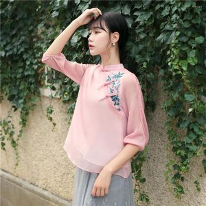 Women's Blouses Shanghai Story Sale 3/4 Sleeve Cheongsam Top Traditional Chinese Tops Linen Blouse