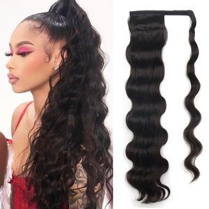 24" Long body wave ponytails human hair extension wraps around pony tail hairpiece wet and wavy 160g clip ins natural black girsl lady women hairstyle Diva1