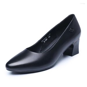 Dress Shoes Genuine Leather Spring Autumn Girl Black Work Pumps For Woman Comfortable Soft Sole Middle Heel 5CM Women's