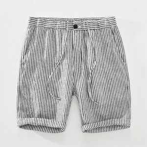 Men's Shorts Striped Shorts for Men Japanese Style Pure Linen Casual Elastic Waist Button Up Short Pants Summer 230327