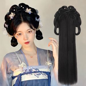 Synthetic Wigs Chinese Ancient Wig Women Hanfu Wigs Headdress Pography Dance Accessory Wigs Black For Women Integrated Hair bun High tem 230327