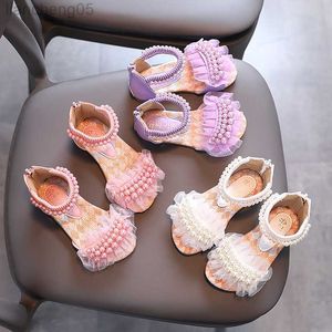 Sandaler Girl's Sandals Lace Pearl Zipper Sweet Luxury Summer Children Sliders Open Toe 21-36 Toddler Fashion Soft Dance Kids Sliders W0327