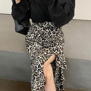 Skirts WDMSNA French Vintage High Waist Leopard Print Irregular Split Long Skirt For Women Korean Chic Spring A-Line Faldas