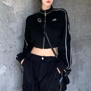 Moletons Femininos com Capuz HOUZHOU Grunge Zip Up Streetwear Feminino Moda Coreana Casual Slim Listrado Preto Manga Longa Cropped 230327