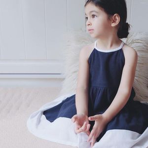 Mädchenkleider Mode Mädchen Sommer Freizeitkleid Spleißen Farbe Spaghettiträger Ärmellos Für Kinder 3-8 Jahre Marineblau Gelb