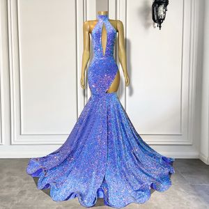 Abiti lunghi da ballo 2023 Collo alto Sexy stile sirena aderente azzurro paillettes donna lungo treno nero ragazza abiti da sera di gala Robe De Soiree