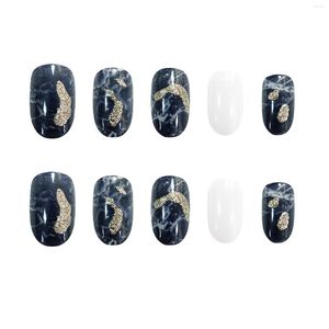 Nail Gel Fake Nails Blue-Gray Marbled Gold Foil Polished Stickers Finished 24 With Glue