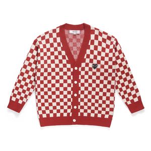 Designer-Herrenpullover Play Com des Garcons CDG V-Ausschnitt-Knopf-Cardigan Schwarz Herz Rot Weiß Kariert Wolle Größe XL Neu