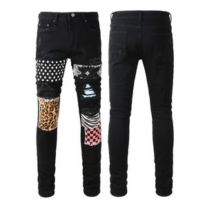 24ss jeans masculinos preto rasgado designer jeans skinny fit angustiado rasgado para homem rasgado calças danificadas retalhos longo zíper angústia destruído denim juventude magro reto