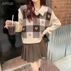 Damenwesten Koreanischer V-Ausschnitt ärmelloses StrickpulloverLangärmeliges Hemd Zweiteiliges Set Plaid Stitching Heart Print Preppy Style Damenpullover 230328