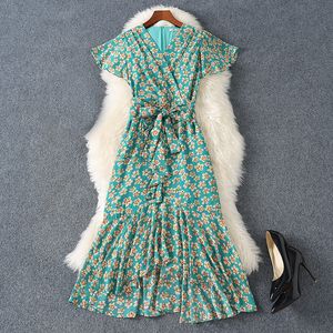 2023 Summer Green Floral Print Belted Mermaid Dress Chiffon V-hals Ruffled Short Sleeve Midi Casual Dresses M3M25B749
