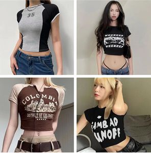 American Designer Splicing Collision Color Princied Manga curta Camiseta feminina Crew de estilo curto pescoço Slimming tudo gostoso dancing Dancing Top Summer