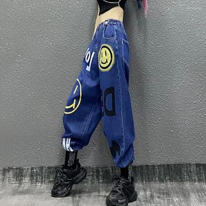 Kvinnors jeans hiphop byxor kvinnlig gotisk pojkvän sommar hög midja cool hajuku leende tryck koreanska byxor steeetwear