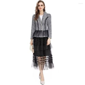 Two Piece Dress Clothing Sets 2023 Winter Woman Clothes Beading Single Breasted Slimming Thick Small Jacket Elastic Waist Mesh Skirt Suits