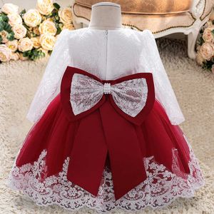 Vestidos de menina Natal Big Bow Manga longa 2 1 ano Vestido de aniversário para bebês Roupas meninas Flor Princess Dresses Night Infant Vestido P230327