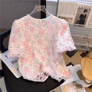 Women's Blouses Summer Pearls Beading Flower Organza Shirts & Women Fashion Casual Loose Puff Short Sleeve O-Neck Pink Ladies Top