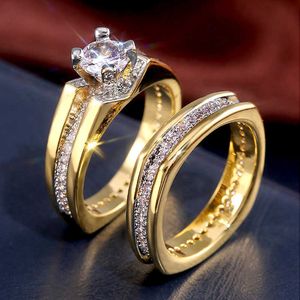 Band Rings Huitan Women's Wedding Ring Round Zircon Crystal Jewelry 2-Piece Engagement Party Ring Anniversary Gift skickad direkt Z0327