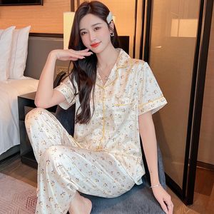 Women's Sleepwear Women 2 Piece Pajamas Sets Print Pijama Faux Silk Satin Lapel Pyjama Female Sleepwear Short Sleeve Shirt Pants Suit Homewear 230328