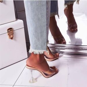 Slippers 2023 Summer Women Crystal 9.5cm High Heels Mules Clear Strange Slides Female Transparent Peep Toe Silver Shoes