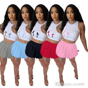 Women Summer Trakcuists Printed Crop Tops Pleated Skirt Suit Designer Casual Clothing Sexy Suspenders Two piece Set Outfits