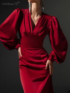 Casual Dresses Mnealways18 Party Elegant Women Red Dress Lantern Long Sleeve V-Neck Evening Midi Dress Ruched Sexy Ladies Satin Dresses 230327