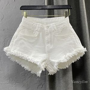 Damen-Shorts, weiße Denim-Shorts, hohe Taille, zerrissene Fransen, Grat-Hosen, Sommer, lockeres, weites Bein, koreanischer Stil, kurze Femme 230328