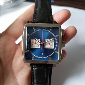 Mans Sport Watch Quality Ways Watches Quartz Stoplatch Chronograph Wristwatch Dial Blue Salble Black Leather Strap 013348y