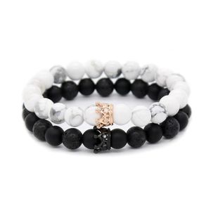 Beaded Couple His And Hers Bracelets Distance Black Matte White Beads Crown King Charm Stone Bracelet Lovers Drop Delivery 202 Dhdss