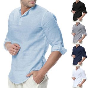 2023 sommer Herren Baumwolle Leinen Henley Hemd 3/4 Hülse Hemd Lässige Atmungsaktive Shirts Mode Sommer Strand Tops