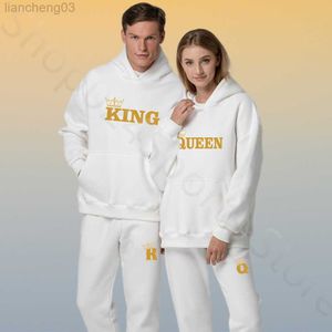 Męskie dresy męskie garnitur sportowy król królowa drukowana jesień zima para bluzy i dresowe kobiety stroje mody odzieży W0328