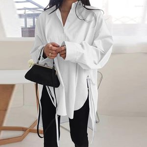 Women's Blouses Women Oversize Long Plain Shirts With Sleeves Turn Down Collar White Black Blue Loose Shirt For Female 2023 Streetwear Tops