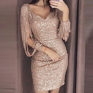 Casual Dresses Sexy Women Dress Sequins Glitter Sparkle Deep V Neck Gold Tassel Long Sleeves Short Mini Evening Party Wrap Hip Dress Vestidos 230327