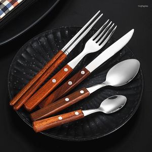 Set di stoviglie 5 pezzi Set di posate con manico in legno Acciaio inossidabile 304 Stile giapponese Coltello da bistecca Forchetta Cucchiaio Bacchette Stoviglie Cucina