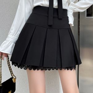 Skirts Woman A-line Short Skirt Black Slim Fit High Waist Pleated Lace Mini Skirt Dress Female Sweet Girl Fashion Spring Summer Clothes 230328