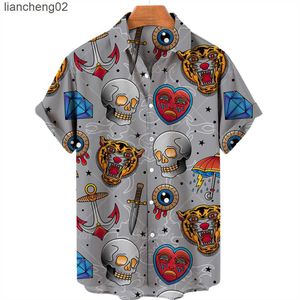 Мужские повседневные рубашки 2022 Свободная дышащая топ 5xl Гавайская рубашка для мужчин Летние рубашки мужчины 3D Принт ужасов Skull Street Street с коротким рукавом мужчины W0328