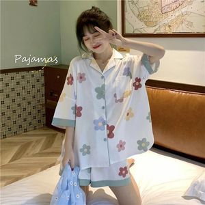 レディース2ピースセットの夏の服の女性用スリープウェアパジャマ韓国スタイルの甘くて薄いショートスリーフショーツサテンパジャマセットホームドレス230328