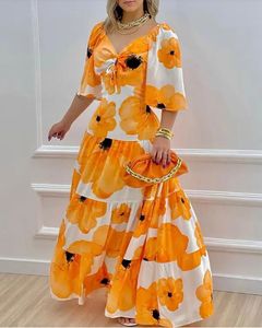 Casual Dresses Floral Print Bell Sleeve Tie Front Maxi Dress 230327