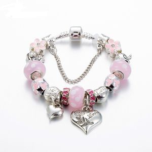 Fashion Sterling Silver Murano Lampwork Glass & Pink Flower European Charm Beads Love Heart Dangle Fits Pandora Charm Bracelets & Necklace