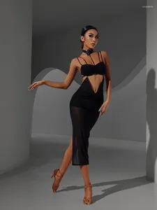 Stage Wear ZYM Latin Dance Mesh Dress Women With Sexy Lace Flower Neckline Seethrough Fabric Night Of Polar Day #2307