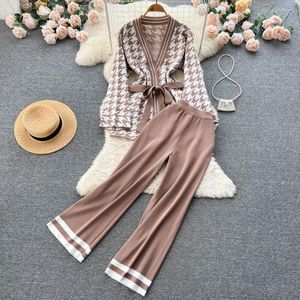Women's Two Piece Pants Xiaoxiangfeng Two-piece Autumn Houndstooth Long-sleeved Sweater Cardigan Coat High Waist Drape Casual